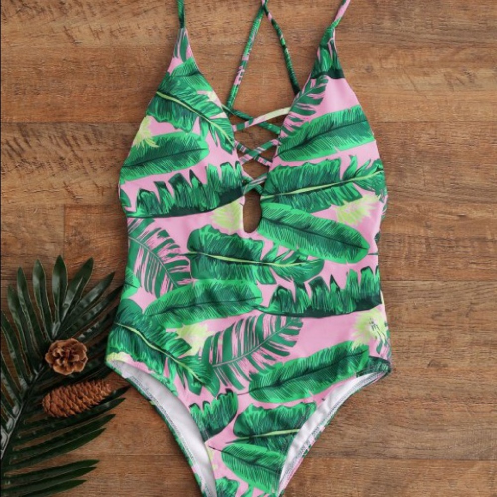 Palm Print Backless Plunge Padded Bathing Suit - L